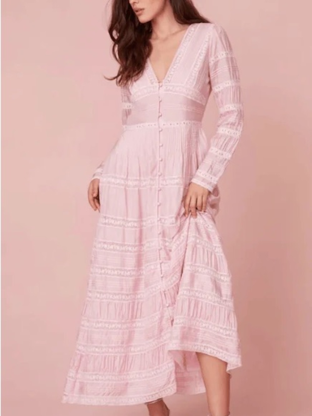LoveShackFancy Blush Pink Lace-Trim Maxi Dress